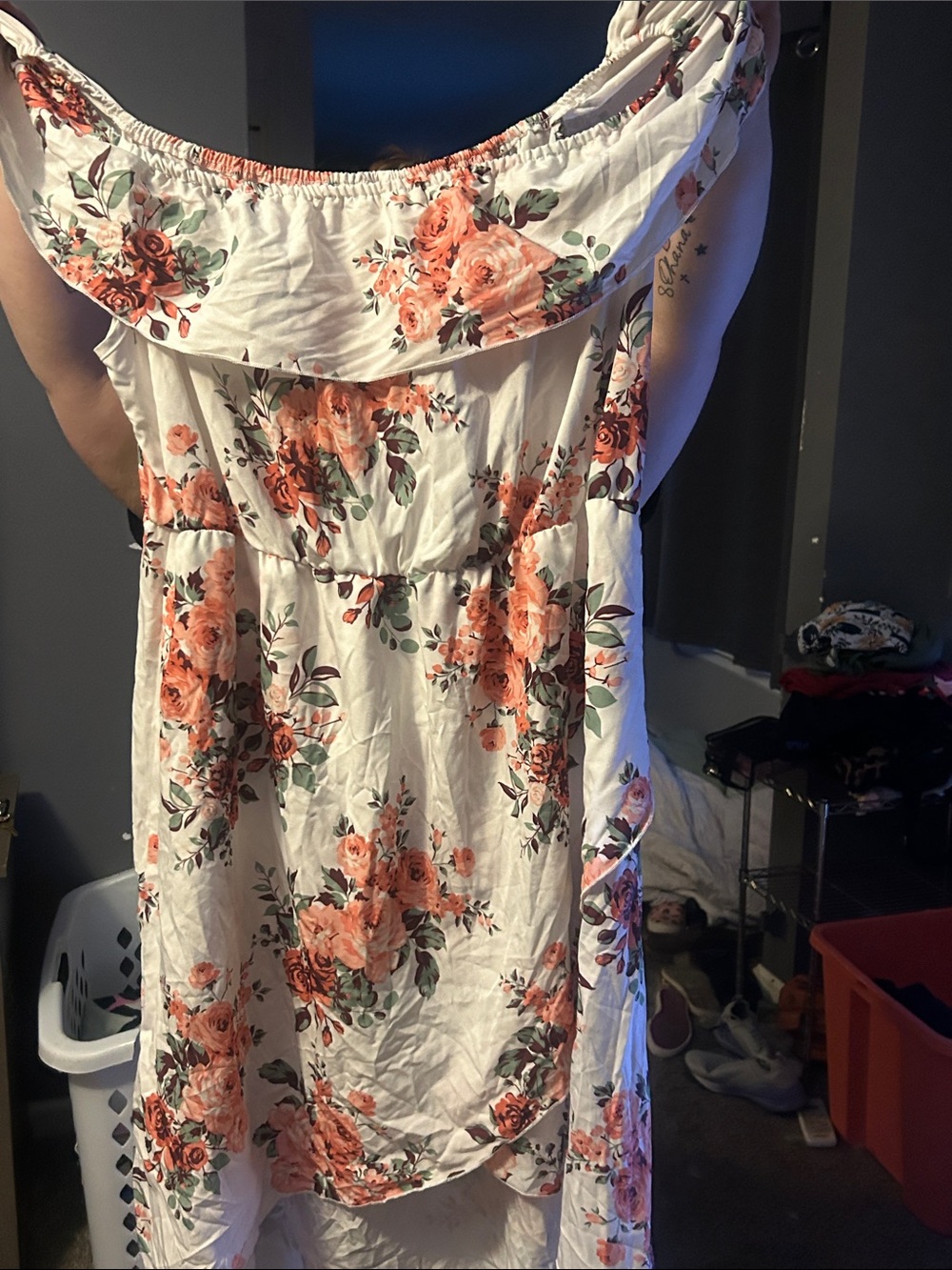SHEIN White Off-Shoulder Maxi Dress with Coral Rose Print